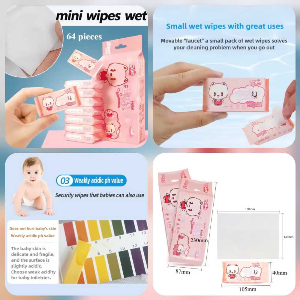 Mini Wet Wipes (8 Packets) – 64 Pieces Portable Pocket-Sized Wipes Set